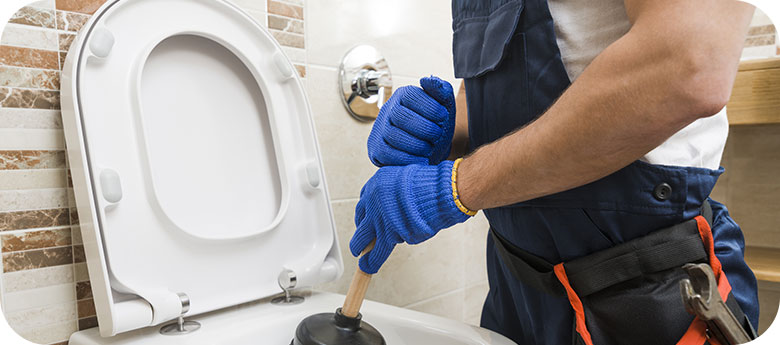 A technician provides excellent plumbing service by unclogging a toilet.